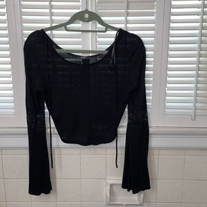 Papaya sheer crop top neck tie flared long arms